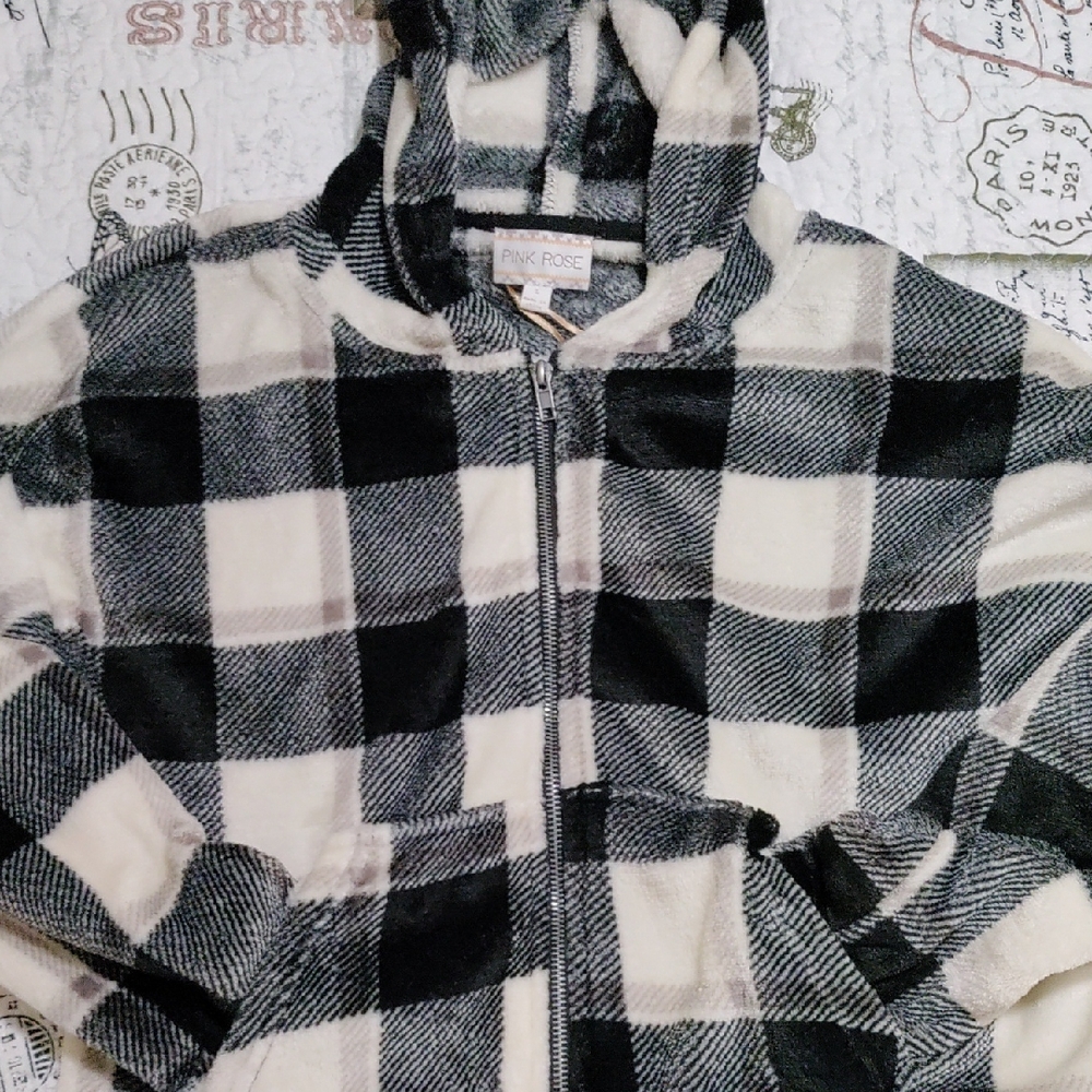 Pink Rose Kids Checkered Puffer Jacket - Black and Cream